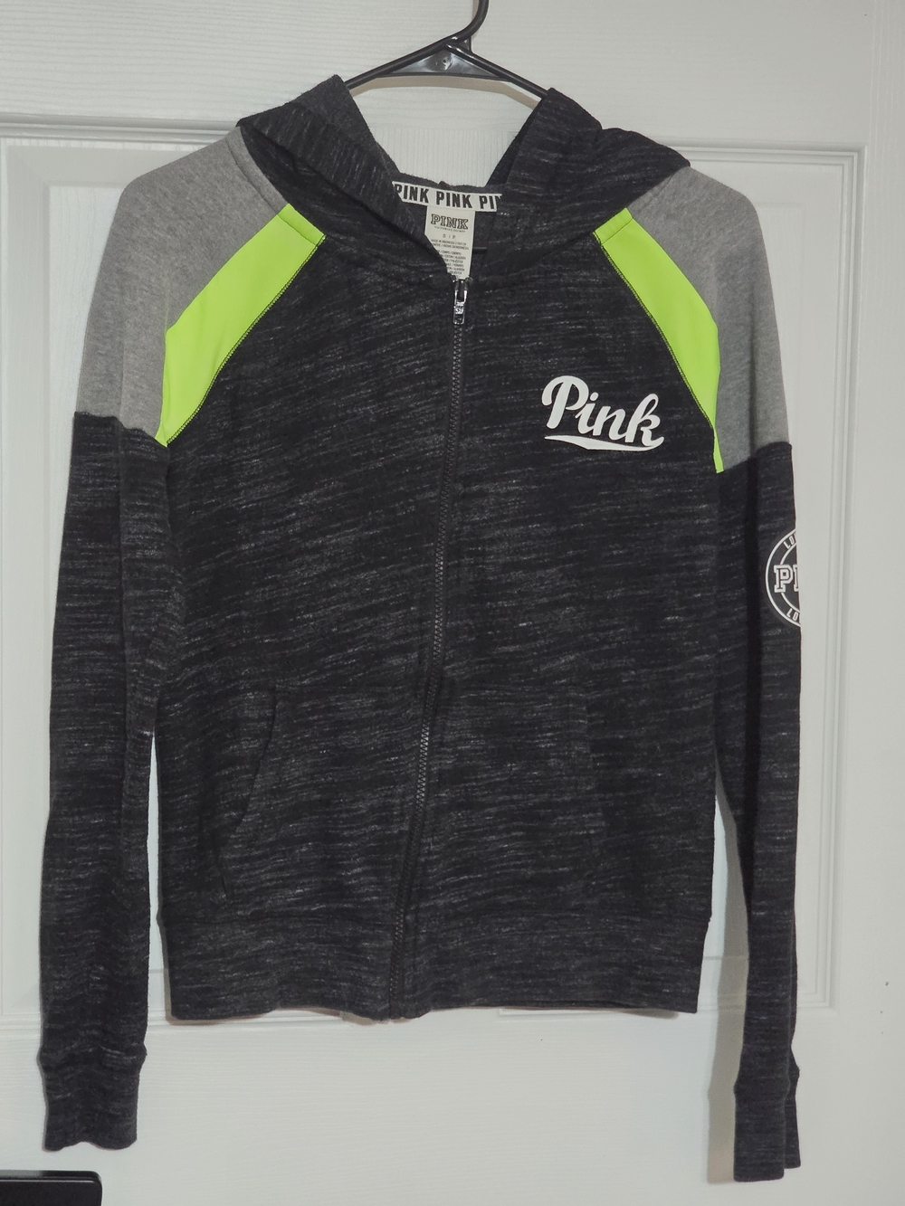 PINK Victoria's Secret Black Heather Zip Hoodie with Neon Green Accents